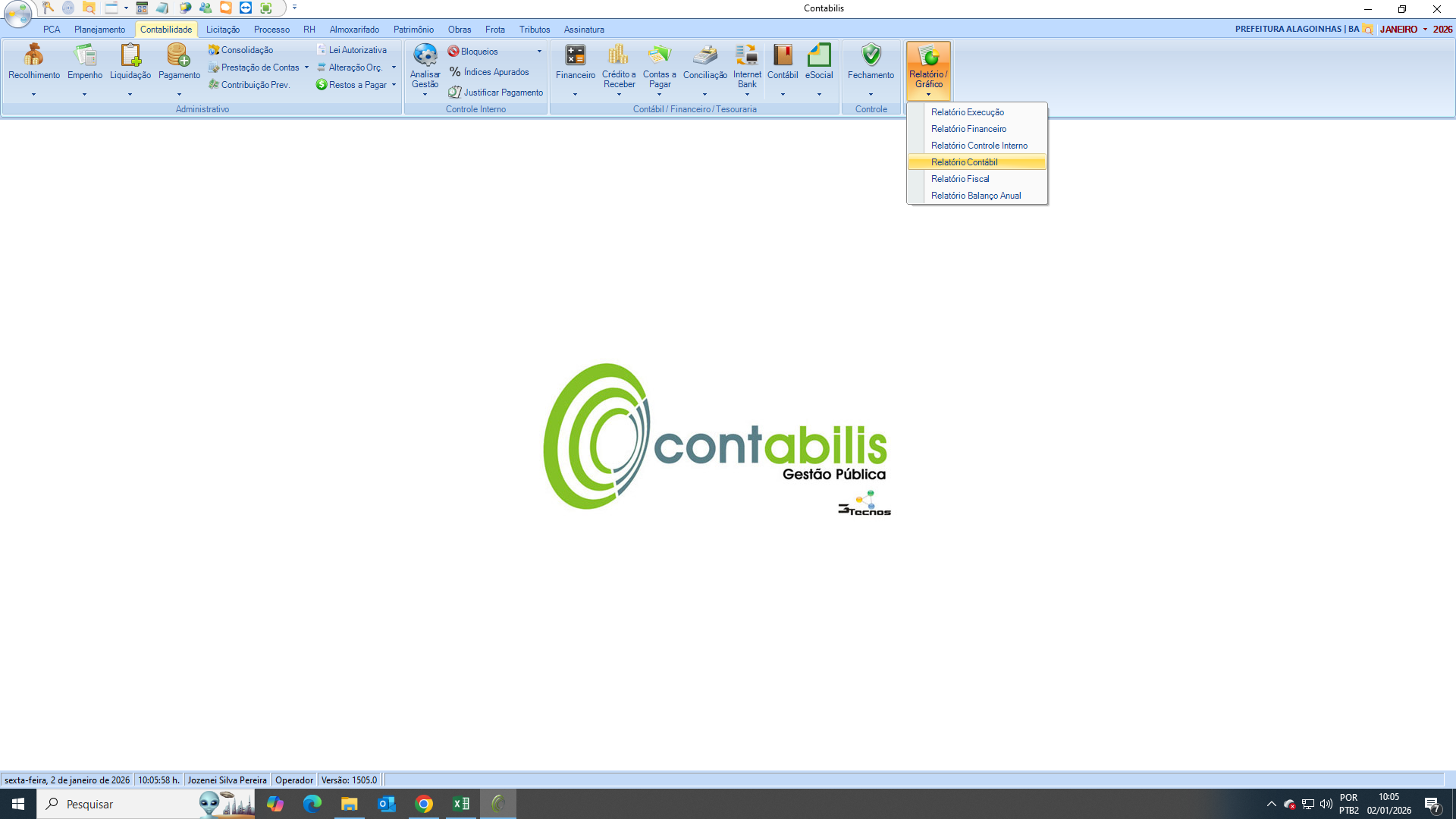 Contabilis: caminho de relatórios (Relatório/Gráfico → Relatório Contábil)