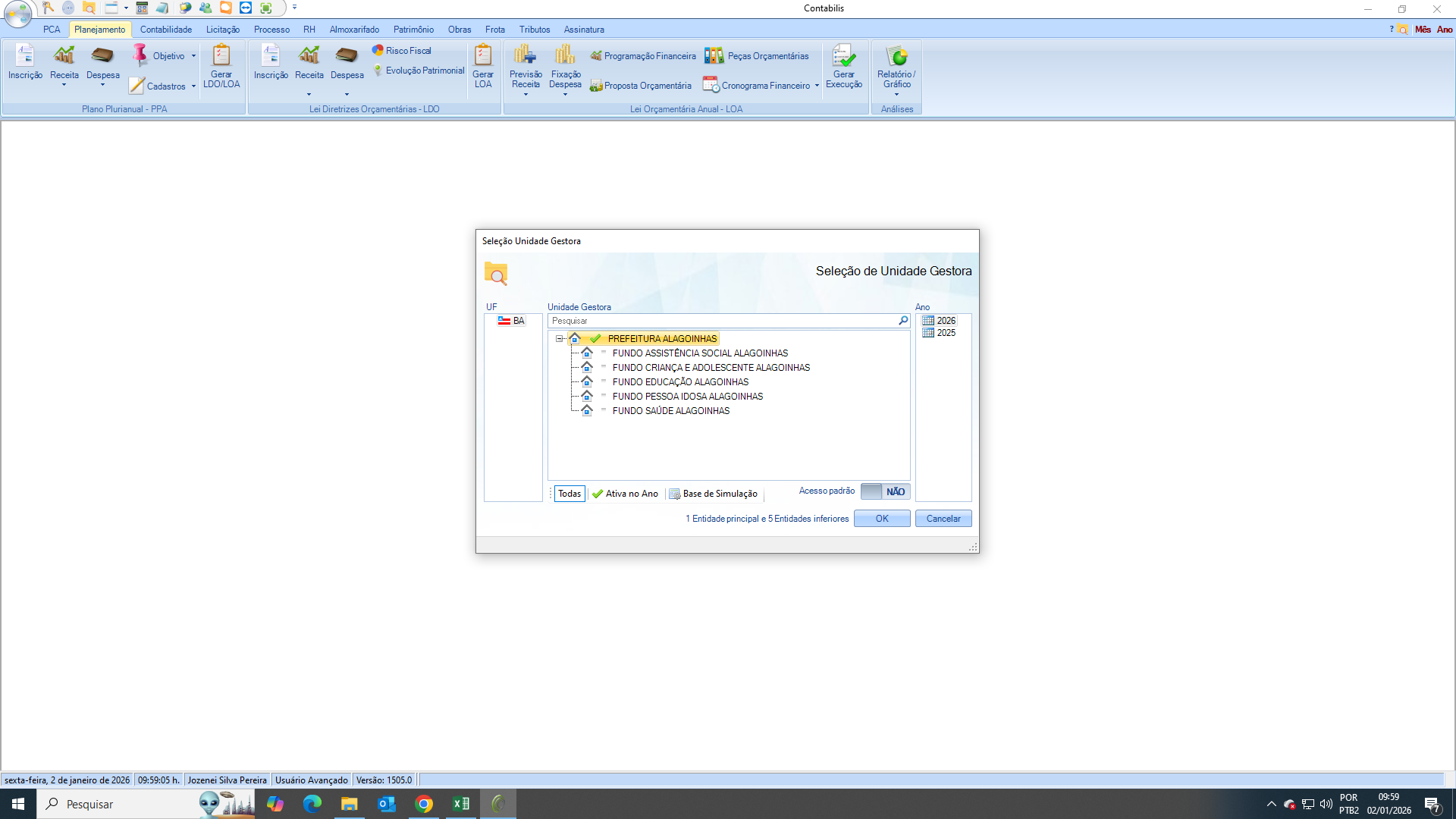 Contabilis: seleção de Unidade Gestora (PMA e Fundos) e ano (2025/2026)
