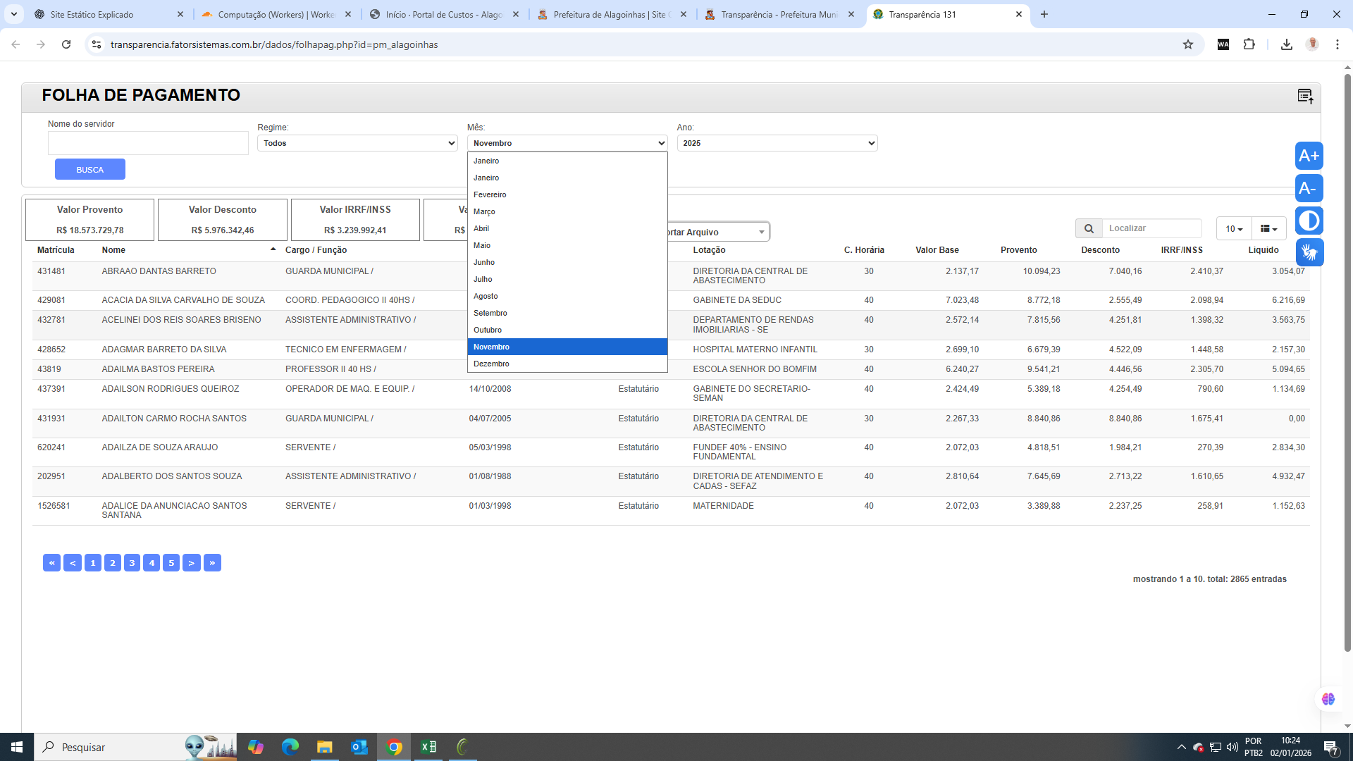 Portal da Transparência (Folha de Pagamento): filtros por ano/mês e listagem